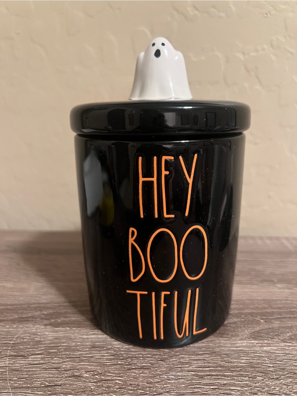 Rae Dunn Hey Bootiful (Beautiful) Ghost Canister Lid Ceramic Halloween NIB